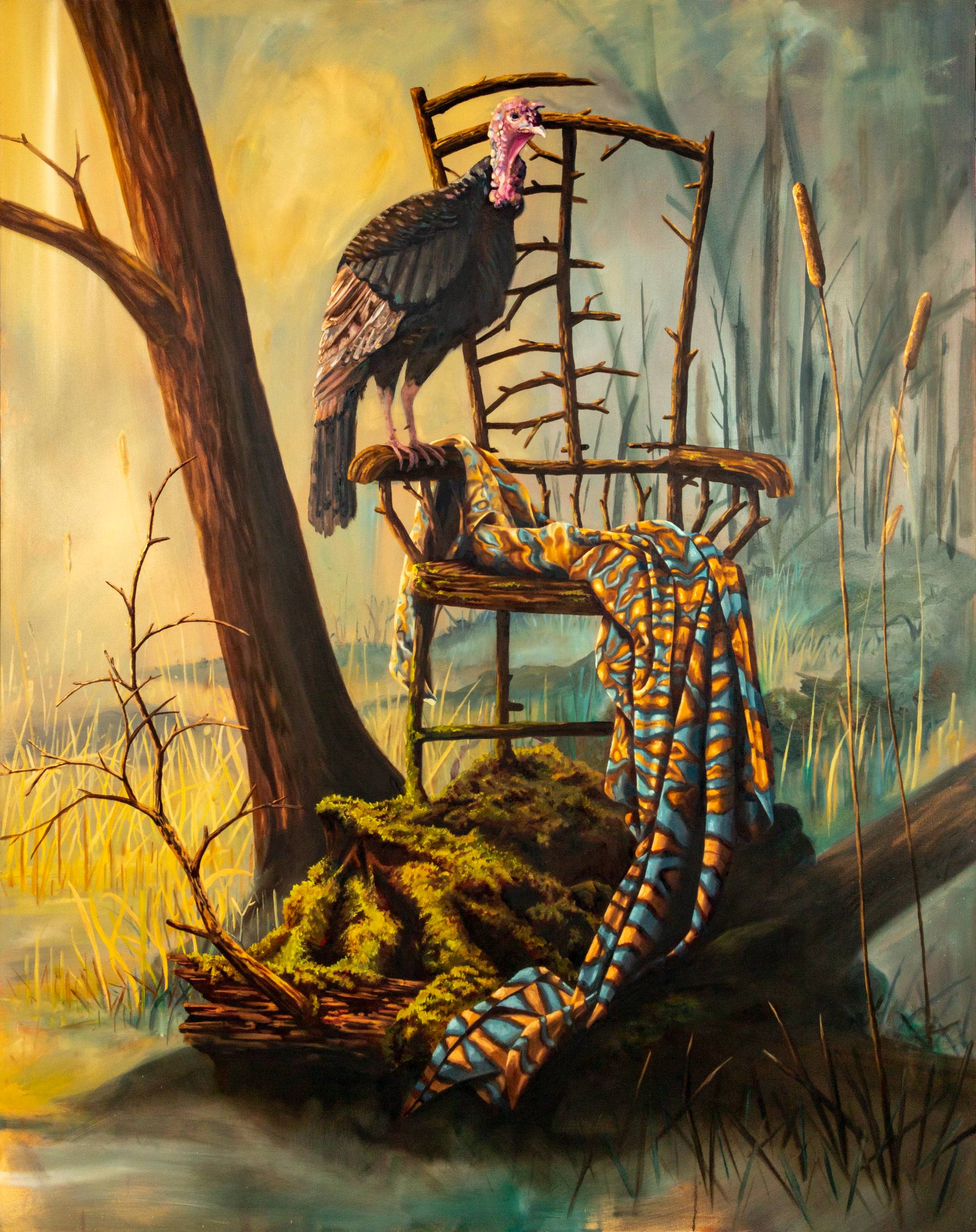 Painting of a turkey sitting on a large throne or chair made out of sticks with tattered blanket draped on the chair. Click to find more animal illustrations.